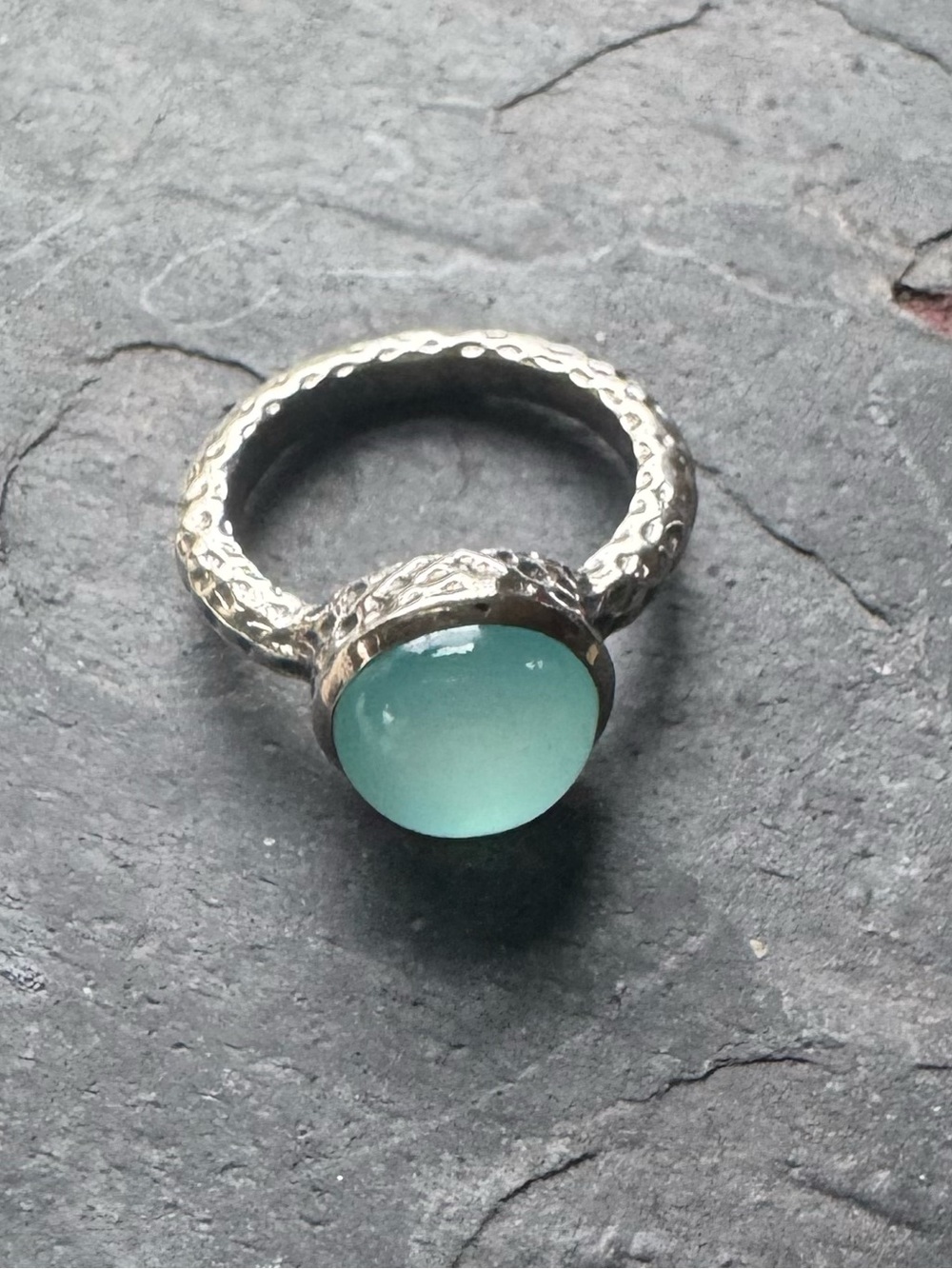 Textured Sterling Silver Ring with Seafoam Green Cabochon